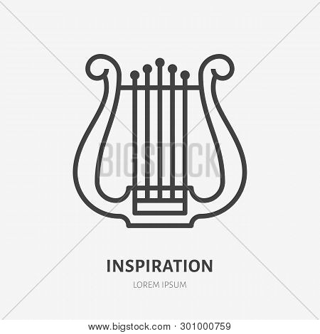 Inspiration Flat Line Icon. Vector Thin Sign Of Lyre, Harp Logo. Ancient Musical Instrument Outline 