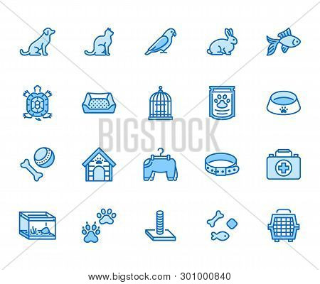 Pet Shop Flat Line Icons Set. Dog Carrier, Cat Scratcher, Bird Cage, Rabbit, Fish Aquarium, Pets Paw