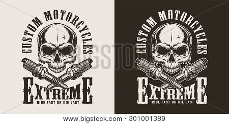 Monochrome Motorcycle Repair Service Label With Skull And Crossed Spark Plugs In Vintage Style Isola