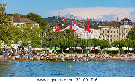 Zurich, Switzerland - May 11, 2018: People On The Embankment Of Lake Zurich In The City Of Zurich, V
