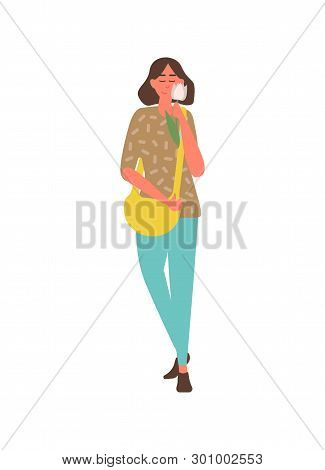 Pretty Girl In Trousers And Sweater With White Tulip Isolated Character. Vector Woman With Present O