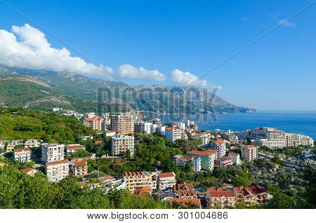 Beautiful Top View Of Popular Resort Town Of Becici On Coast Of Adriatic Sea, Montenegro