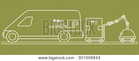 Vector Illustration With Robot Loader Loads Boxes Into A Car. Automation Warehouse Processes. Smart 