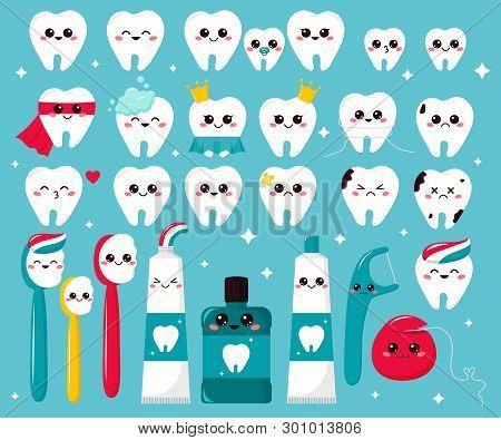 Vector Set Of Kawaii Teeth, Toothbrushes, Toothpaste And Dental Floss. Teeth With Different Emoji. C