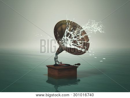Antique Phonograph Music Player In The Water