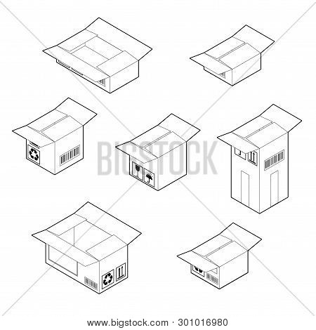 Box Icon Set. Outline Empty Cardboard Corrugated Boxes With 2 Top Flaps Open And Two Closed. Isometr