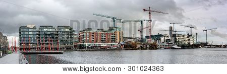 Dublun, Ireland- February 1, 2017: Modern Dublin Docklands Or Silicon Docks. Panorama Of Modern Apar