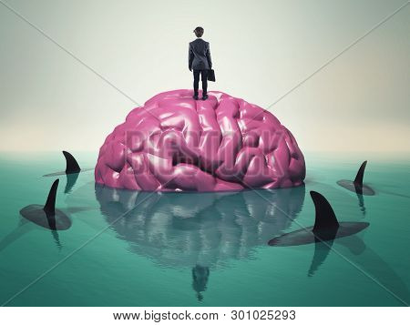 Businessman Standing On Human Brain In Water Surrounded By Sharks.