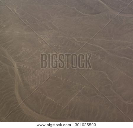 Aerial Airplane Panoramic View To Nazca Geoglyph Lines Aka Monkey, Ica Region, Peru