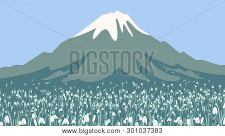Landscape Of High Mountain And Galanthus Or Snowdrop Flower Field