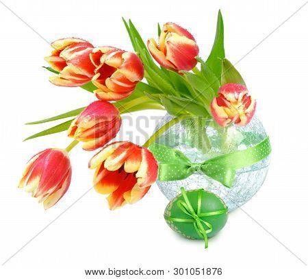 Easter Still Life With Orange Tulips And Easter Eggs, Isolated On White