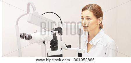 Eye Ophthalmologist Exam. Eyesight Recovery. Astigmatism Check Concept. Ophthalmology Diagmostic Dev