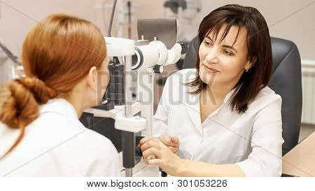 Eye Ophthalmologist Exam. Eyesight Recovery. Astigmatism Check Concept. Ophthalmology Diagmostic Dev