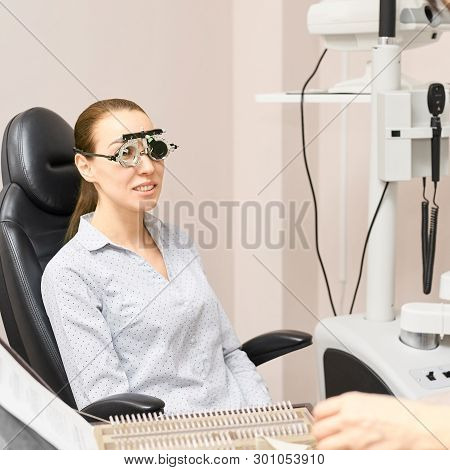 Eye Ophthalmologist Exam. Eyesight Recovery. Astigmatism Check Concept. Ophthalmology Diagmostic Dev