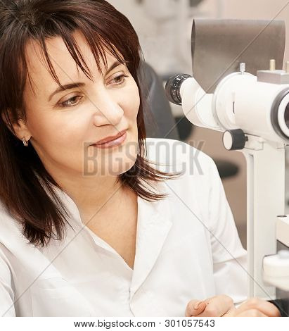 Eye Ophthalmologist Exam. Eyesight Recovery. Astigmatism Check Concept. Ophthalmology Diagmostic Dev