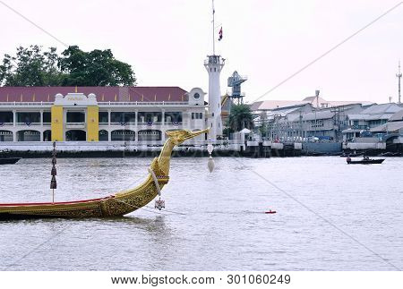 Bangkok Thailand May 6 ,2019 : Royal Barge Suphannahong Wooden Boat Floating On Pier In Coronation O
