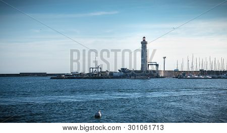 Sete, France - January 4, 2019: Architecture Detail Of Port Saint Louis Lighthouse On A Winter Day