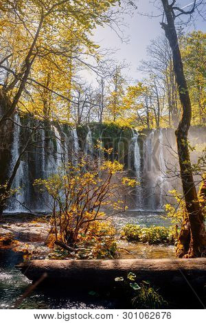 Waterfalls And Trees Of Beautiful Plitvicka Lakes Lit By Sun Rays.