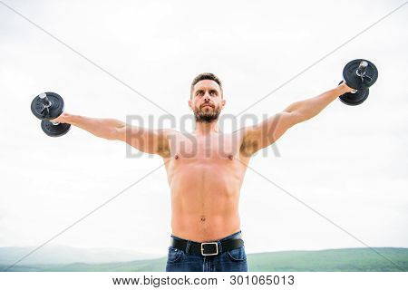 His Body Is Perfect. Athletic Body. Dumbbell Gym. Fitness And Sport Equipment. Muscular Man Exercisi