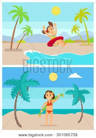 Children At Beach Vector, Seaside Activities And Summertime Happiness Of Kids. Girl By Coast In Life