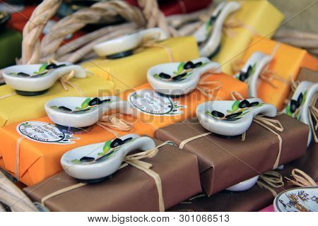 Crete, Greece - August 2013: Typical Greek Souvenirs On Tourist Street Market, Soap, Craftwork And H