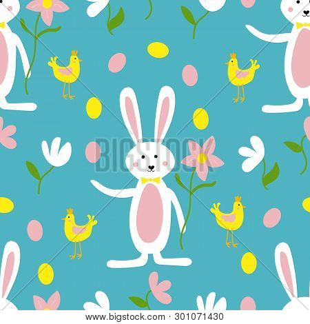 Cute Easter Bunny, Flowers And Chicken Seamless Pattern Print Background