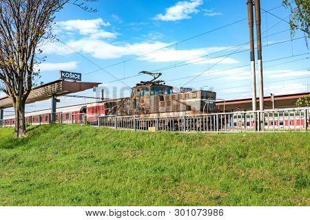 Kosice, Slovakia – May 1 2019: Old Locomotive Parked By Platform At Main Railway Station In Kosice (