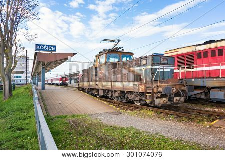 Kosice, Slovakia – May 1 2019: Old Locomotive Parked By Platform At Main Railway Station In Kosice (