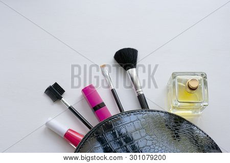 Professional Make-up Cosmetic Brushes On A White Background. The Concept Of Beauty And Fashion. Top 