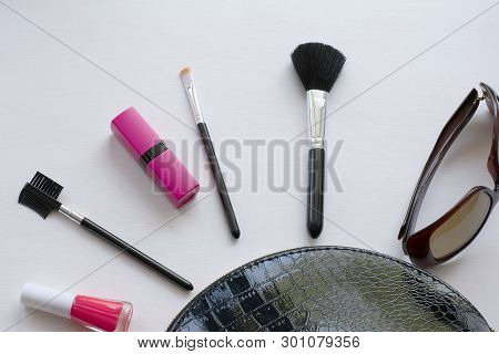 Professional Make-up Cosmetic Brushes On A White Background. The Concept Of Beauty And Fashion. Top 