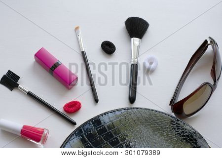 Professional Make-up Cosmetic Brushes On A White Background. The Concept Of Beauty And Fashion. Top 