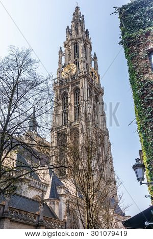 Antwerp, Belgium - April 7, 2019: The Cathedral Of Our Lady (dutch: Onze-lieve-vrouwekathedraal) In 
