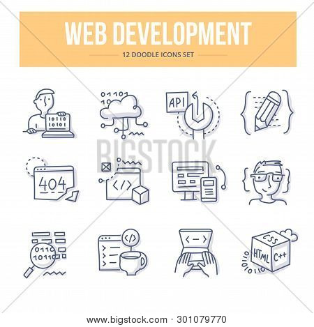 Doodle Vector Line Icons Of Front-end & Back-end Web Development, Programming And Coding, Building W