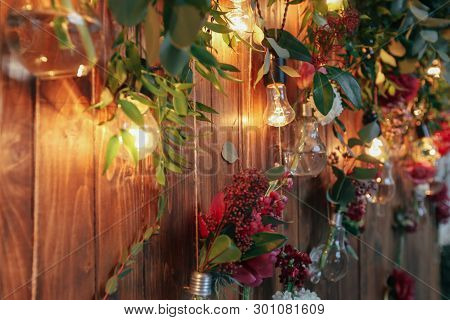 Rustic Wedding Photo Zone. Hand Made Wedding Decorations Includes Photo Booth  Red Flowers. Garlands