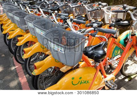 Taipei, Taiwan - May 12th, 2019:row of bicycles called Ubike, a bike sharing system service used by citizens as short-distance transit vehicles in Taipei, Taiwan, Asia