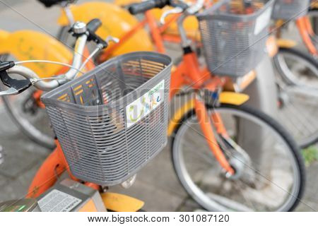 Taipei, Taiwan - May 12th, 2019:row of bicycles called Ubike, a bike sharing system service used by citizens as short-distance transit vehicles in Taipei, Taiwan, Asia