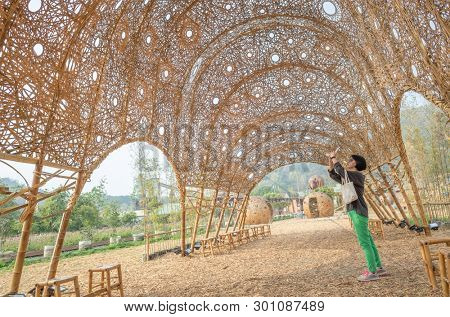 Nantou, Jiji, Taiwan - FEB 27th, 2019: rattan art structure building on the ground at Heping Happy Farm