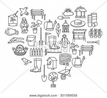 Garden Icon Tool Set In Thin Line Style In Heart Templet Vector
