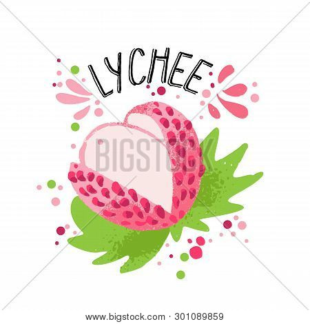 Vector Hand Draw Colored Lichee Illustration. Pink, White Lichee With Pulp And Green Leaves. Fresh T