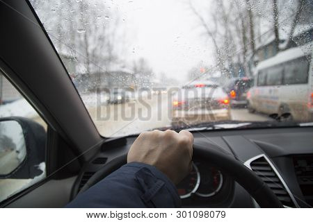 The Winter Driving On The Winter Road. Dangerous Driving.