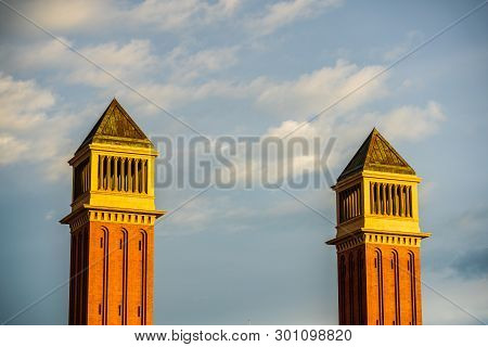 View Of The Plaza De Espana Venetian Towers. Catalonia, Spain. Spanish Sqare - Plaza De Espana.