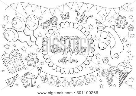 Happy Birthday Cute Coloring Book Page For Kids. Party Collection Of Design Elements With Balloons, 