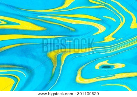 Cyan Textured Background With Yellow Lines And Shapes. Marble-like Colored Summer Backdrop. Colorful