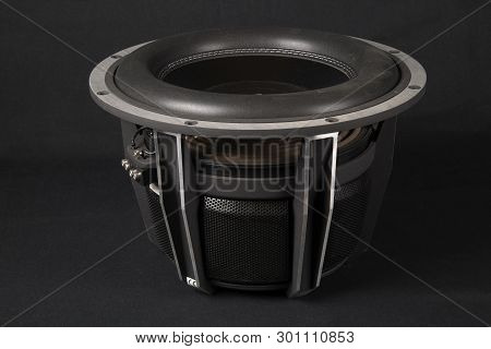 Car Audio System. Car Music. Subwoofer On Black Background.