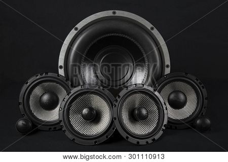 Car Audio System. Car Music. Subwoofer On Black Background.