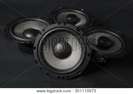 Car Audio System. Car Music. Subwoofer On Black Background.