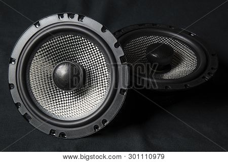 Car Audio System. Car Music. Subwoofer On Black Background.