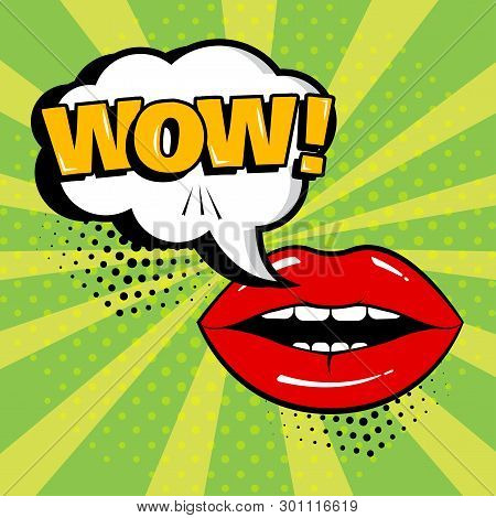 White Comic Bubble With Wow Word And Red Lips On Green Background. Card In Pop Art Style. Vector Ill