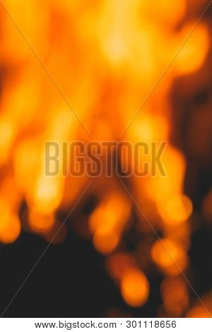 Dark Background Bonfire From Branches In The Fireplace . Flame And Sparks. Blur
