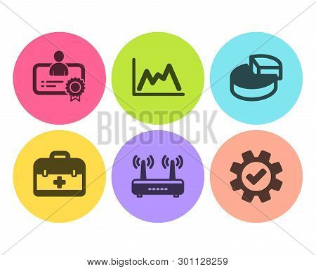 Certificate, Wifi And Diagram Icons Simple Set. Pie Chart, First Aid And Service Signs. Best Employe
